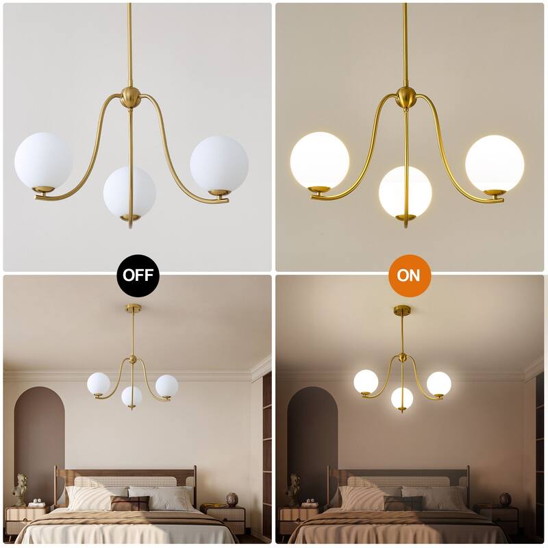 3 - Light Modern Linear Glass Globe Chandelier - Brushed Gold