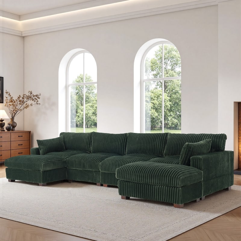 Oversied Plush Corduroy Fabric Modular Sectional Sofa with Chaise, Ottoman - Left Facing - Green-5 Pieces