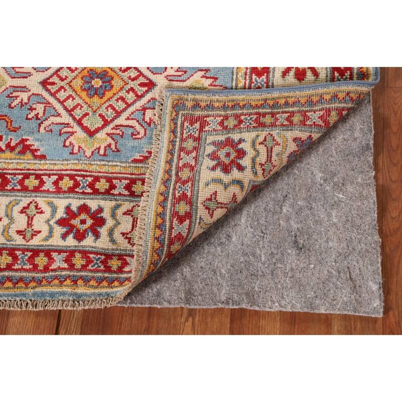 Light Blue Kazak Accent Rug Hand-Knotted Geometric Wool Carpet - 3'4"x 4'11"