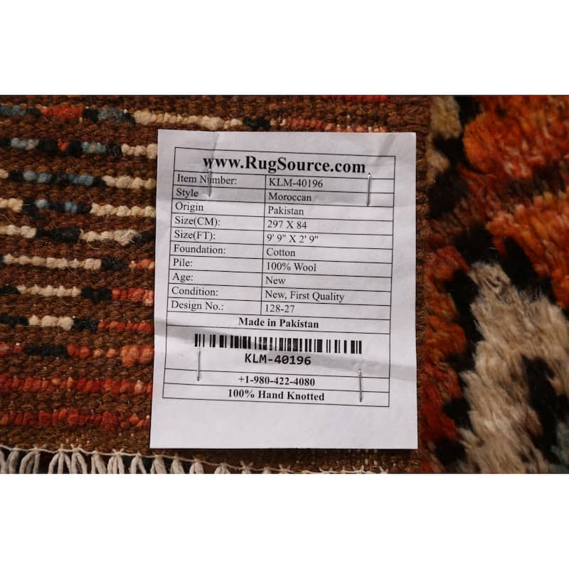 Geometric Orange Moroccan Oriental Runner Rug Handmade Wool Carpet - 2'9" x 9'9"