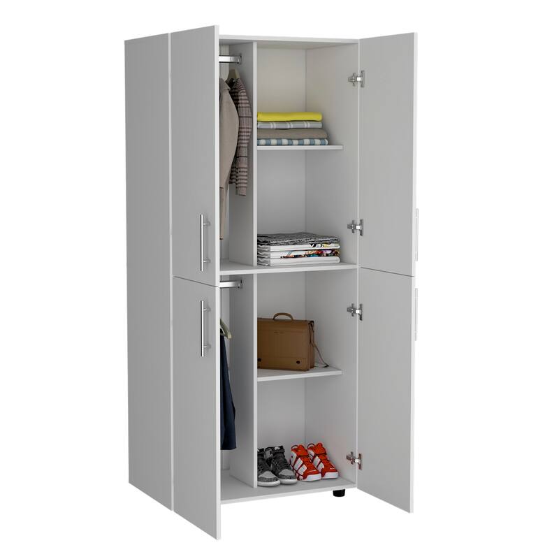 31.5" Modern Four-Door Armoire with Six Shelves and Two Hanging Rods for Bedroom