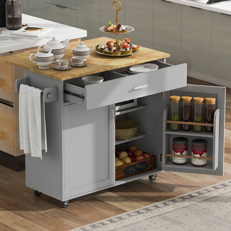 Kitchen Island Cart on Wheels, Rolling Island Kitchen Carts, Kitchen Island with Drop Leaf Wood Top, Drawer & Storage Rack