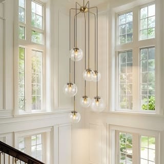 7-Light Brass Modern Cluster Glass Globe Chandelier Light for Stairways, Foyers - 23.62 in. W x 47.24 in. H