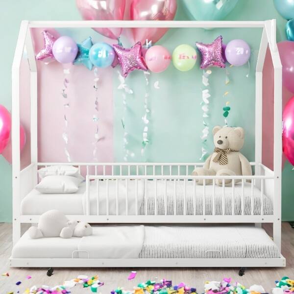 slide 2 of 13, White Full Size House-Shaped Design Platform Bed with Fence and Twin Size Trundle White