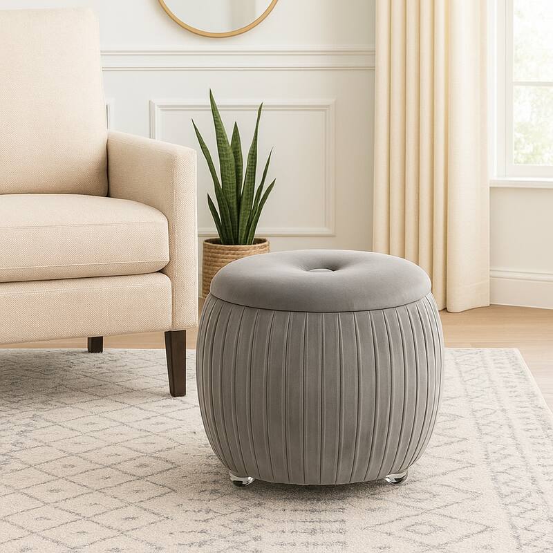 Backless Storage Stool with Velvet Upholstery - Accent for Living Room Home Decor - Brown