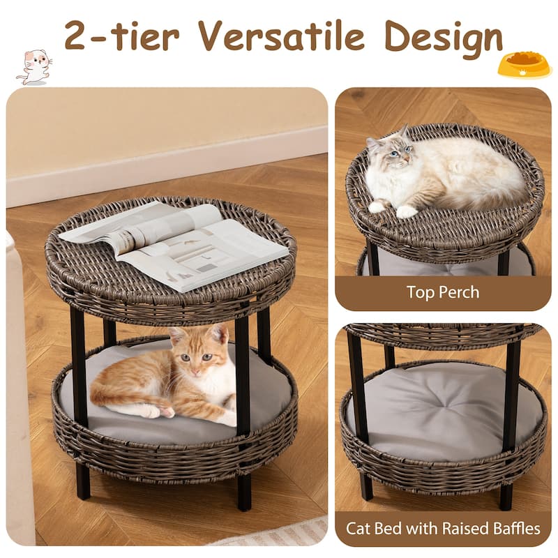 2-Layer Grey Rattan Cat Bed, Indoor Outdoor Pet Nest with Comfortable Washable Cushion - 15" x 15"