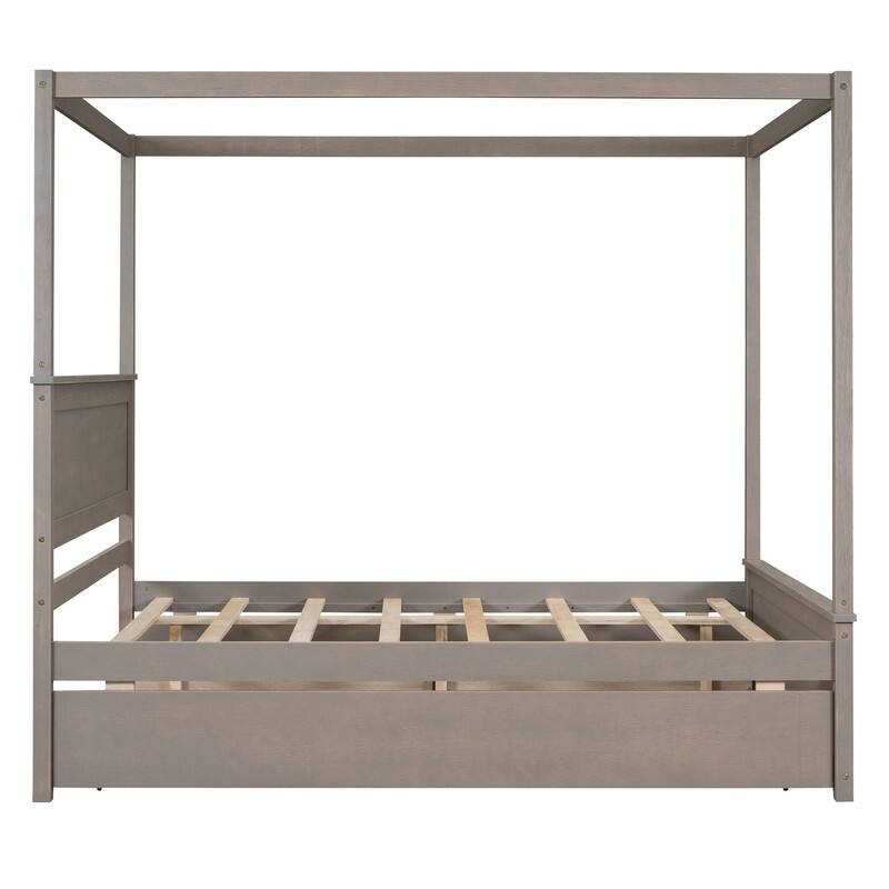Full Size Wood Canopy Bed with Trundle and 2 Drawers