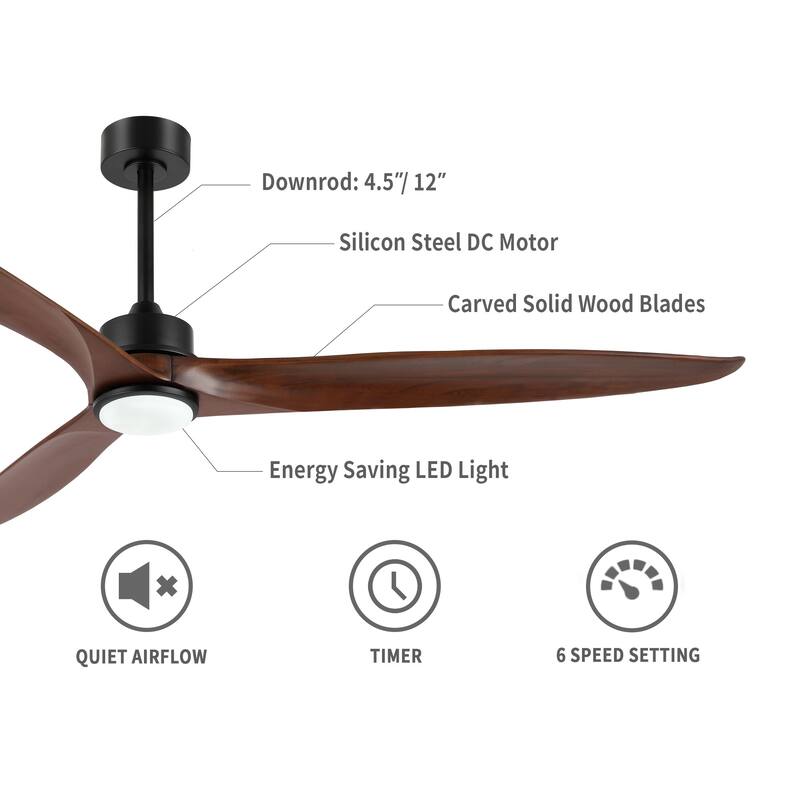 72" 3-Blade Solid Wood Ceiling Fan with LED Light and Remote Control