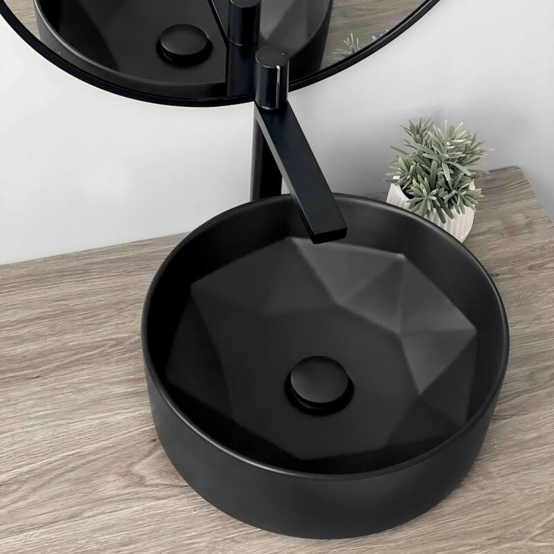 STYLISH Porcelain Round 16 inches Vessel Ceramic Bathroom Sink - 16" x 16 x 5 1/2" - Black
