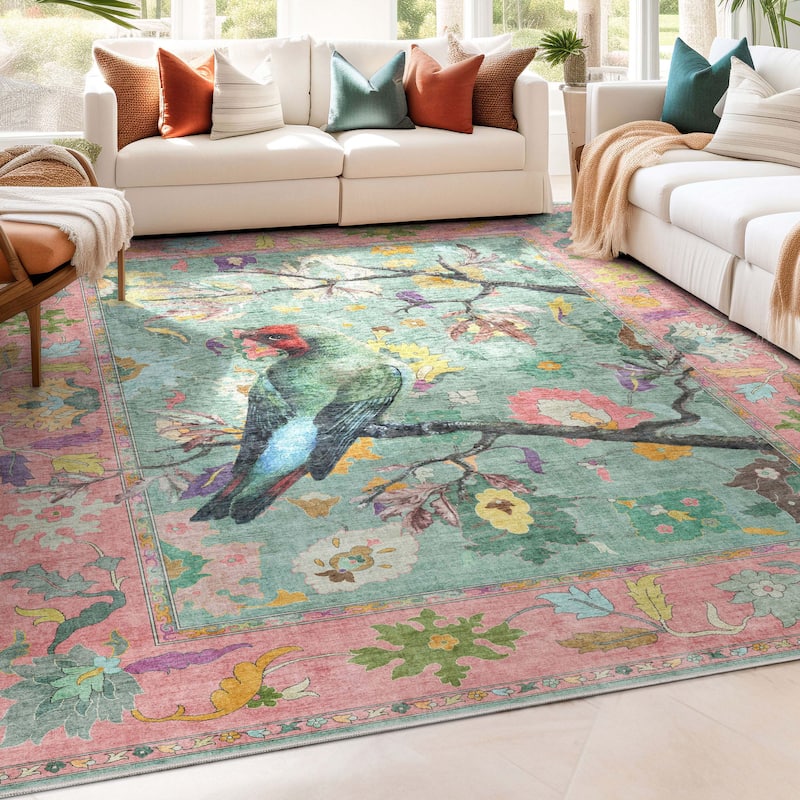 Well Woven Apollo Botanical Birds Ushak Modern Flat Pile Area Rug - 5'3" x 7'3" - Multi