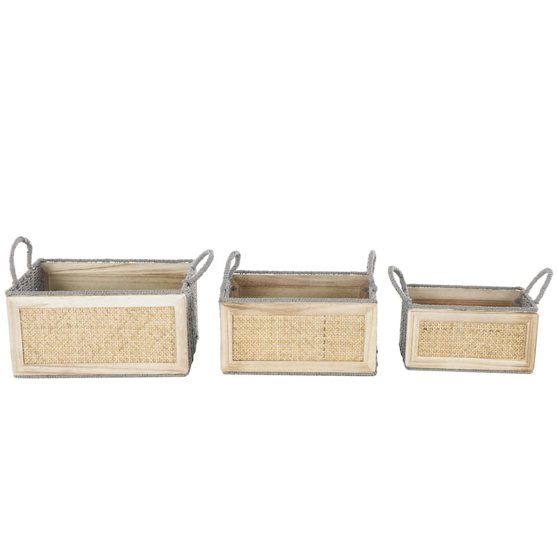 Rattan Woven Decorative and Functional Storage Basket with Rope Handles - Set of 3 Brown or Light Brown - Roche River Decor - Light Brown - 14, 13, 10"W