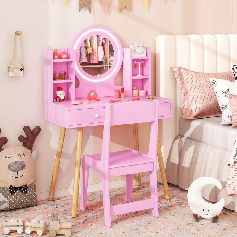 Costway Kids Vanity Set Princess Vanity Desk Set with 2-Color LED - See Details