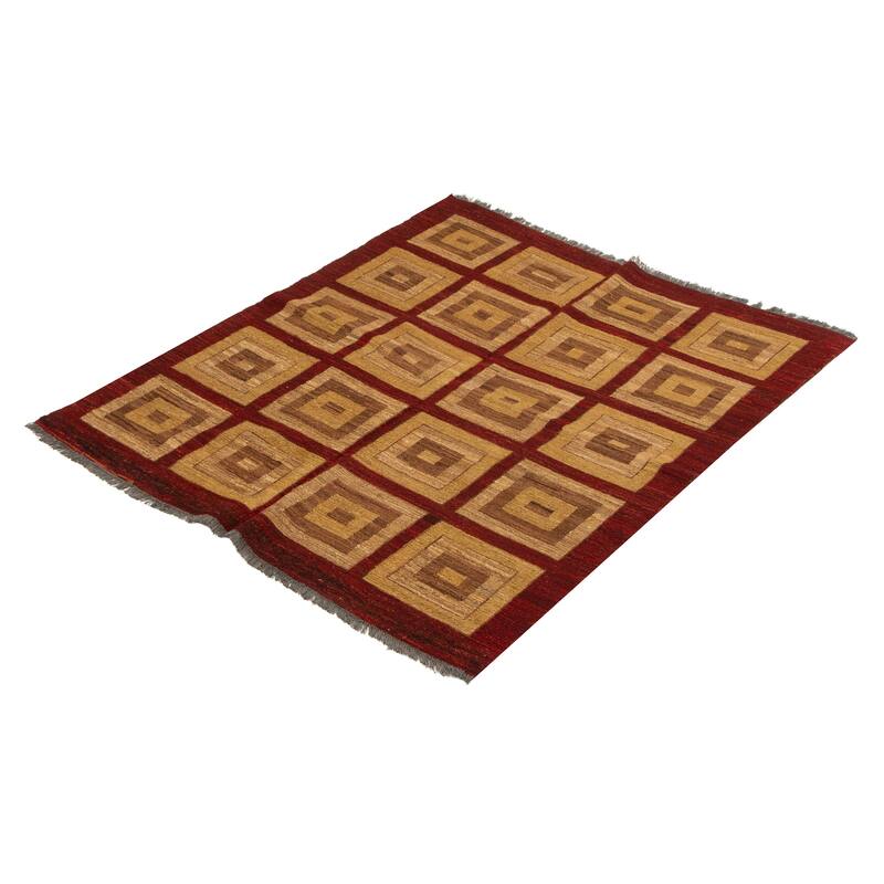 ECARPETGALLERY Flat-Weave Natural Burgundy Wool Tapestry Kilim - 5'0 x 5'11
