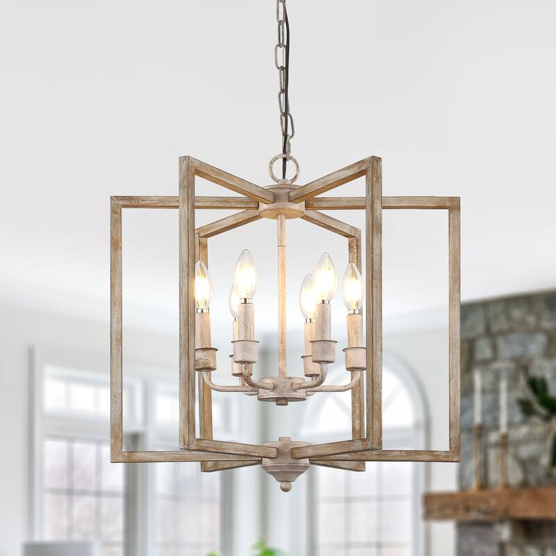 Oaks Aura Wooden Chandelier,Rectangular Frame Pendant Light,Farmhouse Hanging Lamp,Height Adjustable for Living Room,Dining Room
