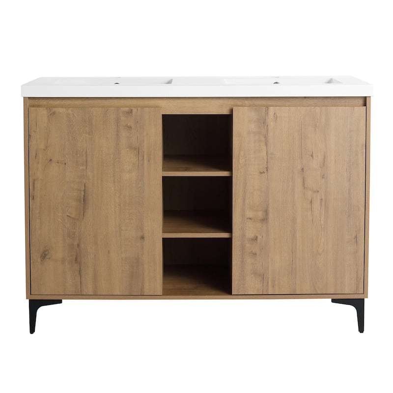 48 Inch Plywood Freestanding Bathroom Vanity Set in Imitative Oak with Integrated Double Resin Sink