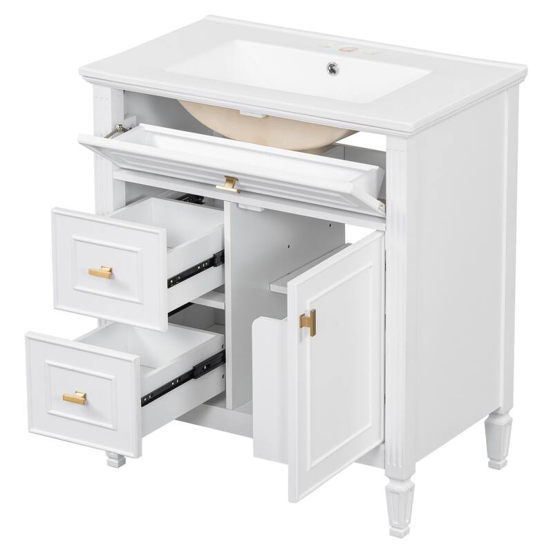 30" White Bathroom Vanity Cabinet with Sink, Flip Drawer, Adjustable Shelf and 2 Drawers - 30 in.W x 18.4 in.D x 33.7 in.H