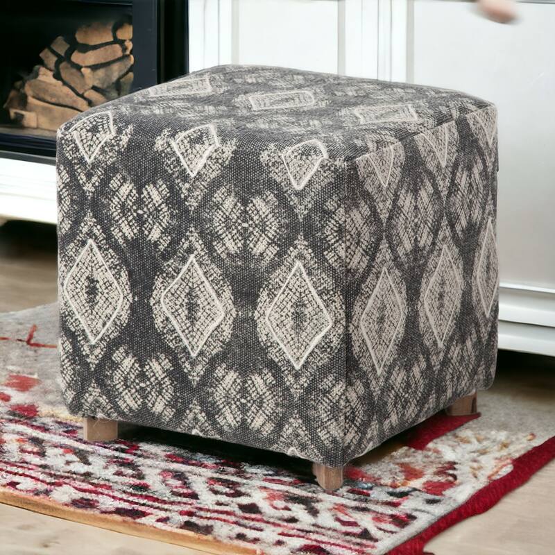 HomeRoots 19" Gray Cotton and Brown Cube Ottoman - 18.5" W x 18.5" D x 18.75" H - Black