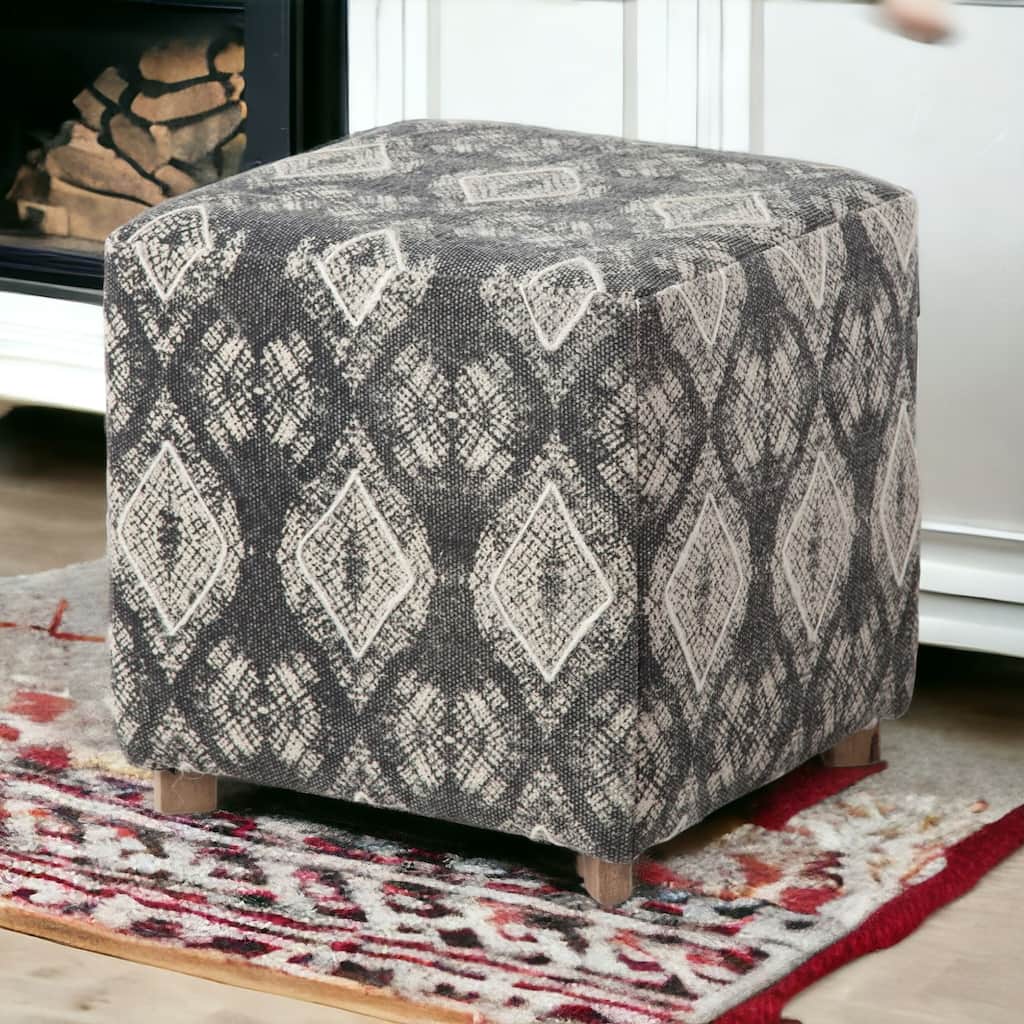 HomeRoots 19" Gray Cotton and Brown Cube Ottoman