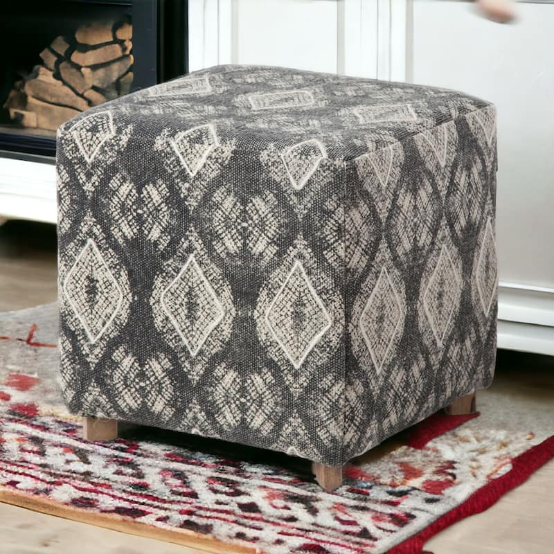 Modern 19" Grey Cotton Cube Ottoman with Brown Wooden Legs for Home Decor