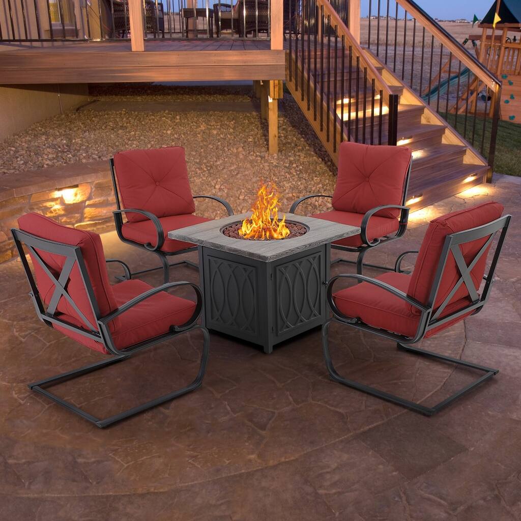 MAISON ARTS 5-Piece Patio Furniture Propane Fire Pit Set, 4 Metal Spring Motion Dining Chairs and 32 inch Square Fire Table