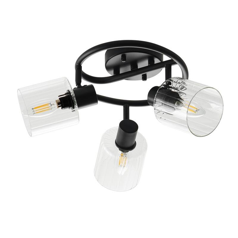 Modern 3 Light Semi-Flush Mount Ceiling Light with Clear Glass Shades and Black Finish