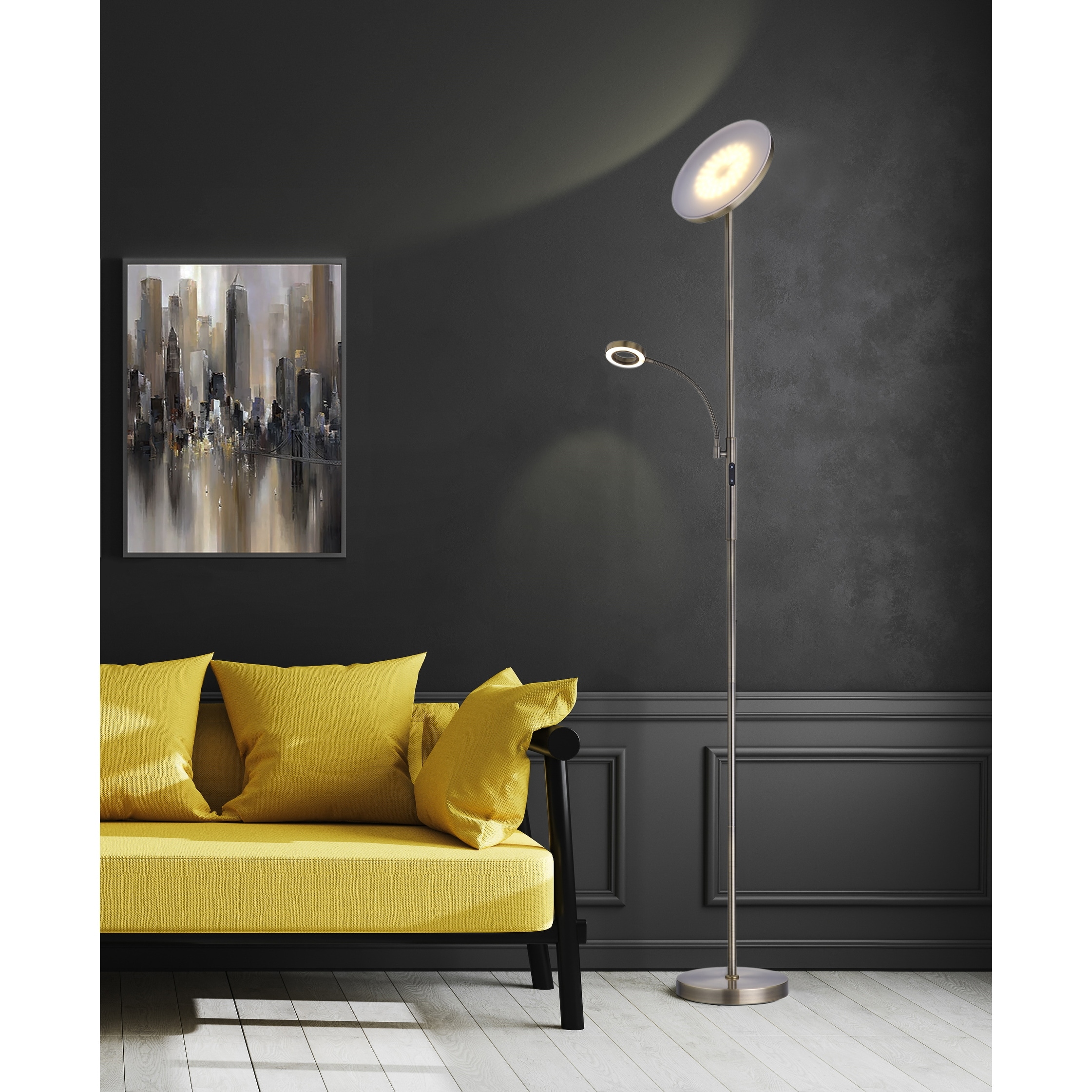 Slim LED Torchiere Floor Lamp with Reading Light, Remote Antique Brass 70  On Sale Bed Bath  Beyond 33617913