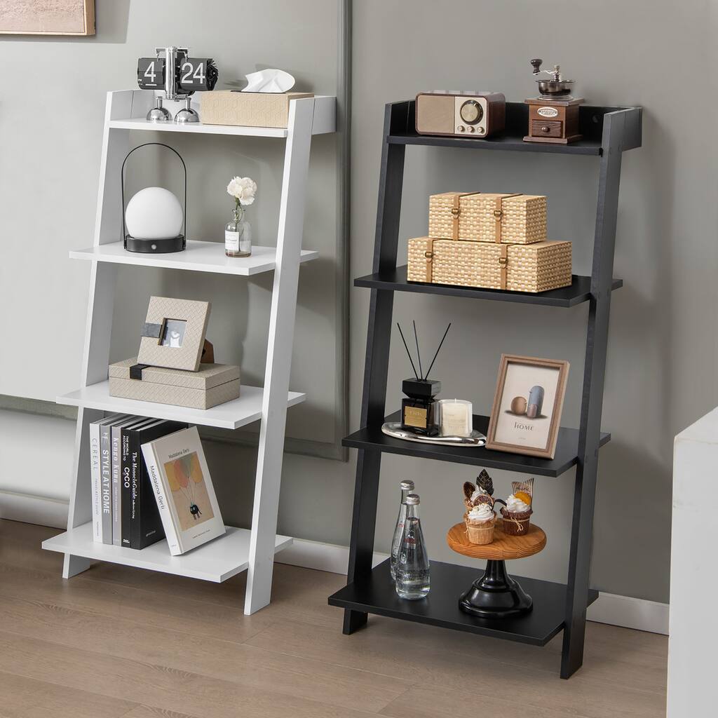 4Tier Ladder Shelf Leaning Bookshelf Anti-falling Baffle Wood Bookcase