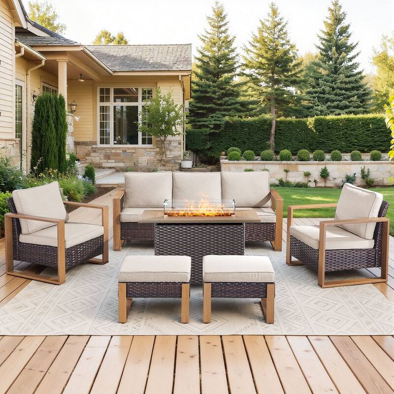 Meyreso Wicker Patio Conversation Set with Fire Pit Table & Olefin Cushions
