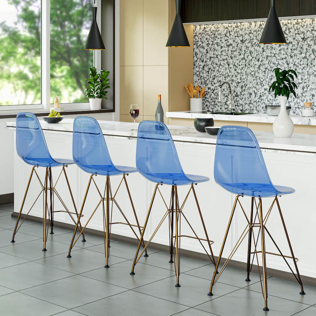 Cresco (Set of 2) Modern Acrylic Barstool, Hand-Brushed Gold Chrome Legs, Ergonomic Mid-Back Seating for Home Bar & Kitchen