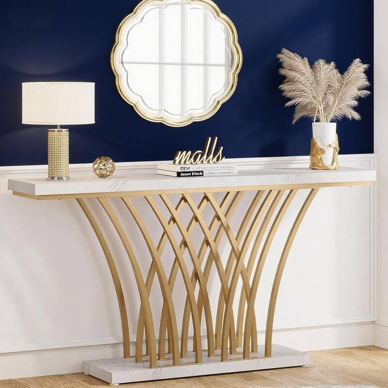 White-Gold Metal and MDF Console Table with Faux Marble Top and Shelf - 59.06” L x 11.81 W x 31.50 H