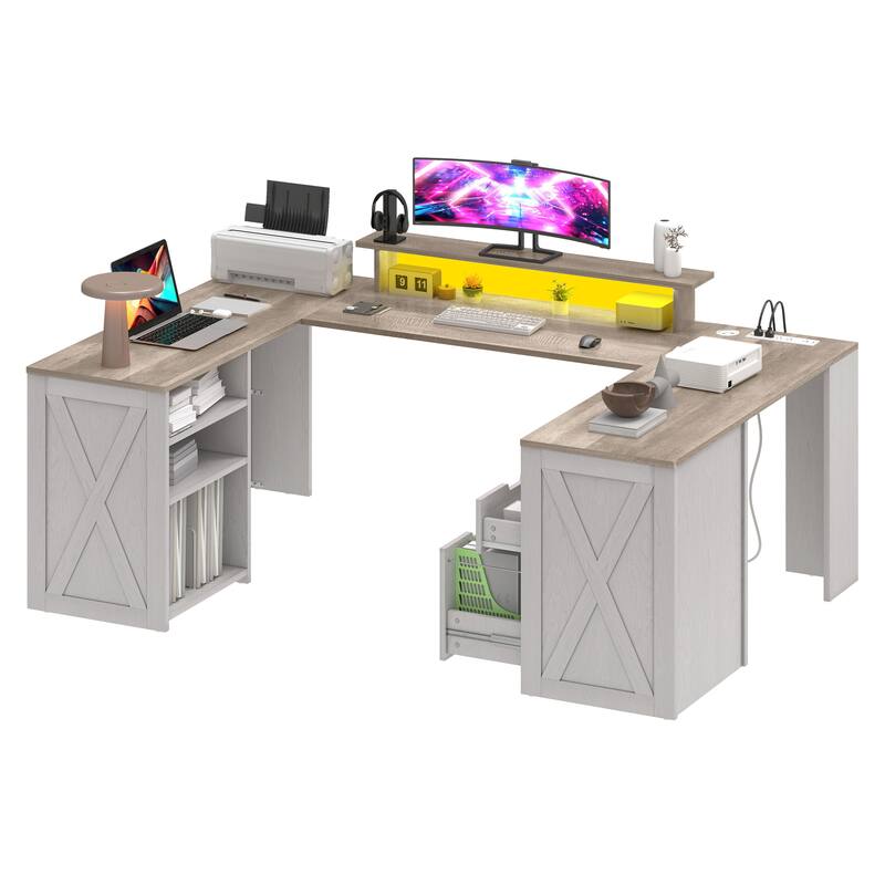 Moasis Farmhouse U-Shaped Desk with LED Lights & Power Outlet