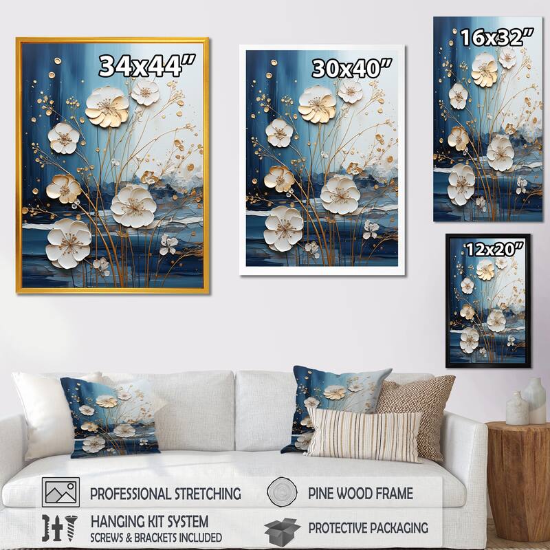 Designart "White And Blue Flower Liquid Ink V" Flowers Wall Décor White - Traditional Canvas Wall Art For Home