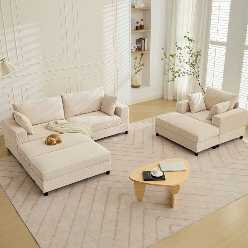 Mixoy Extra-Large Corduroy Upholstered Modular Sectional Sofa Set,Deep Seat Sleeper Chair with Ottoman - 2+1