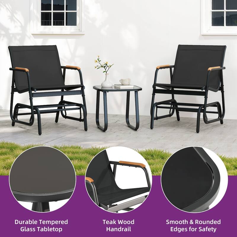 Moasis 3pcs Textline Patio Bistro Set Glider Chair with Coffee Table Tempered Glass