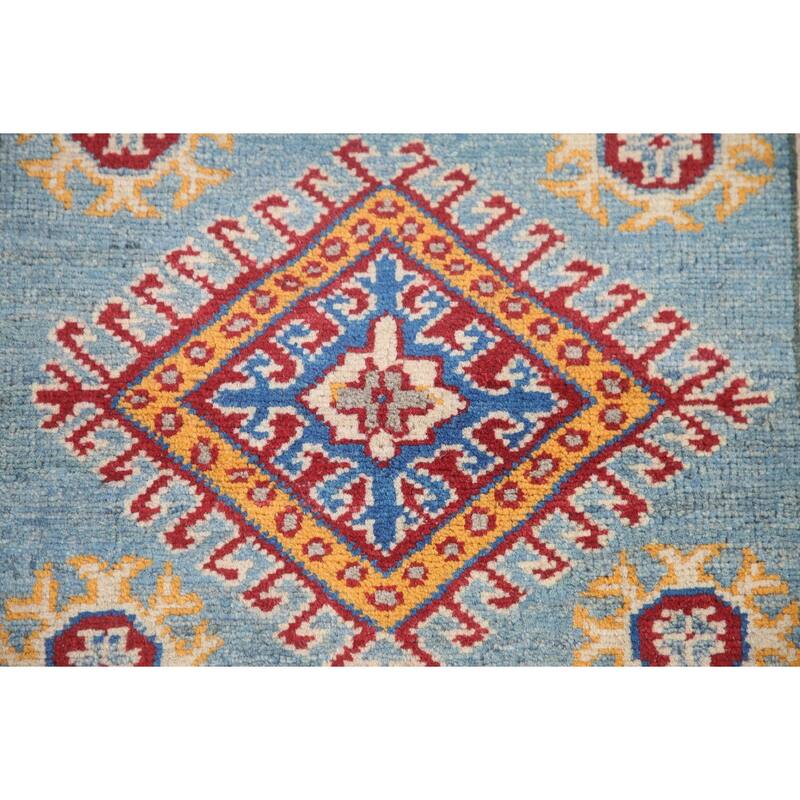 Hand Knotted Oriental 100% Wool Carpet Traditional Geometric Navy Blue & Blues Kazak Runner Rug - 9' 0'' X 2' 9''