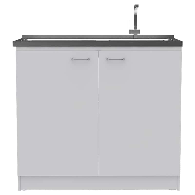 Oklahoma Utility Sink, Double Door Cabinet, Stainless Steel Countertop - White