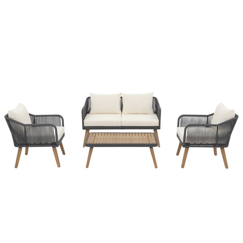 Outdoor 4 Pieces Rope Conversation Set with Cushions