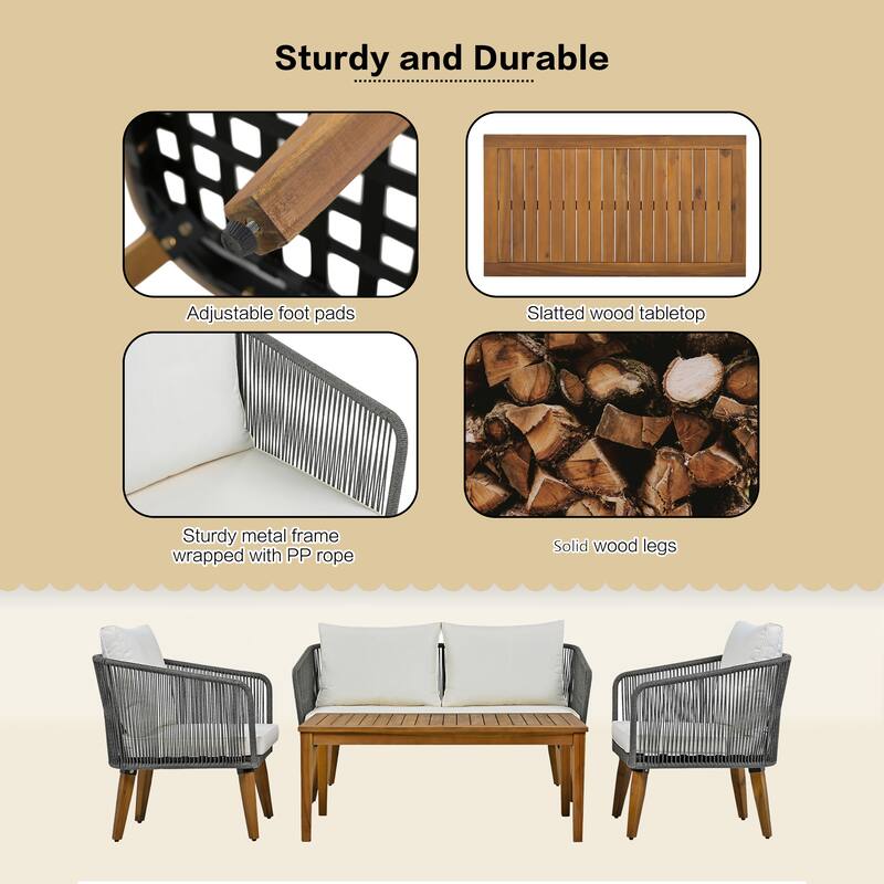 4pc Patio Conversation Group Set wLoveseat, 2 Accent Chairs and Table