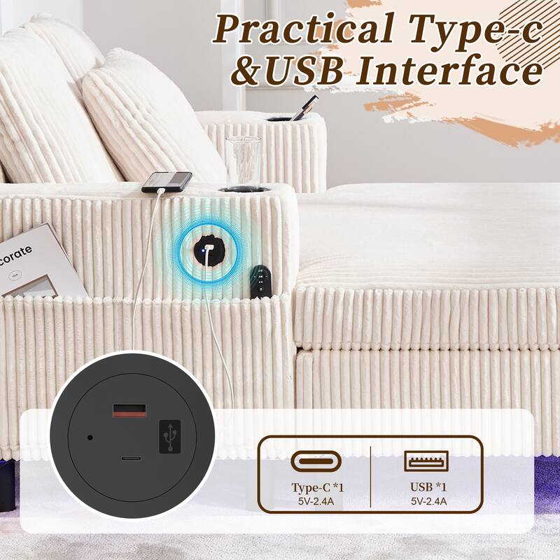 Corduroy Recliner Sofa - Oversized Deep Seat with USB, RGB Lights, Cup Holder & Side Pocket - Living Room, Bedroom