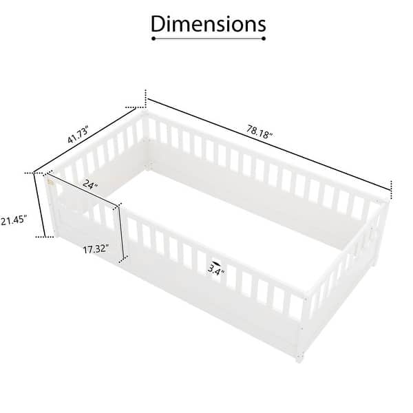 dimension image slide 1 of 2, Twin Size Floor bed, integral construction with super high security barrier, door, children's floor bed frame, Montessori