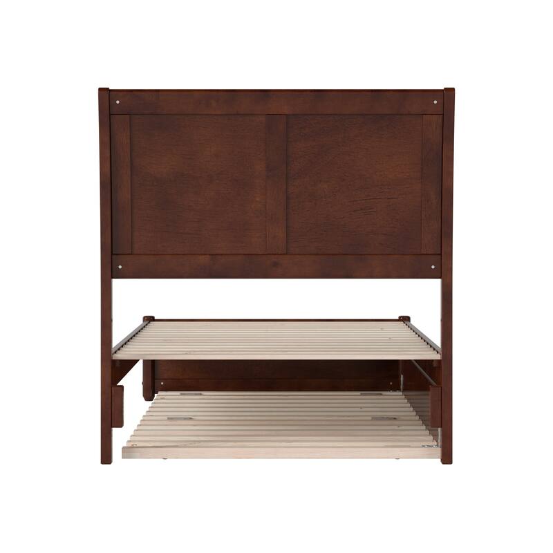 Twin Bed with Trundle & USB - Modern Platform Bed Frame, Walnut Finish - Sleek Sleigh Headboard
