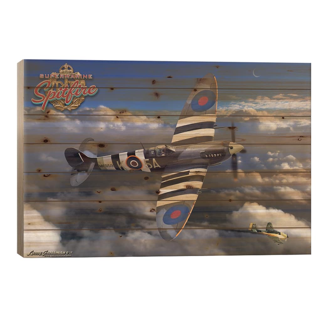 Spitfire Print On Wood by Larry Grossman - Multi-Color