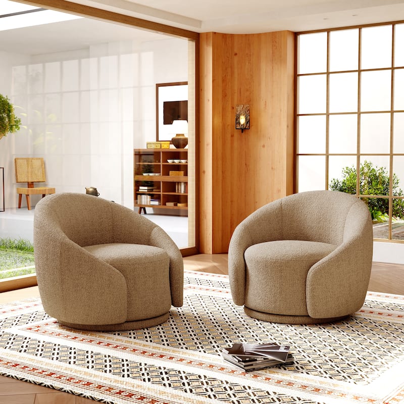Boucle Barrel Chair Upholstered 360°Swivel Armchair Set of 2 - Boucle - Light Brown-2Set