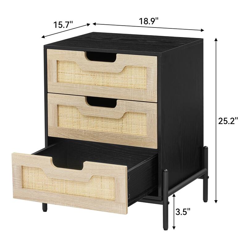 Rattan End Table, Nightstands with 3 Natural Rattan Drawers 1 or 2 Pack