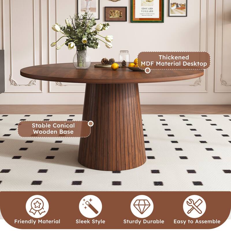 47 Inch Round MDF Dining Table for 4 - Modern Farmhouse Kitchen Table with Wood Strip Base