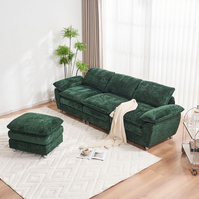 Modern Upholstered Living Room L Shaped Sofa,Comfy Sofa Couch with Ottoman and Pillow Arms - Green