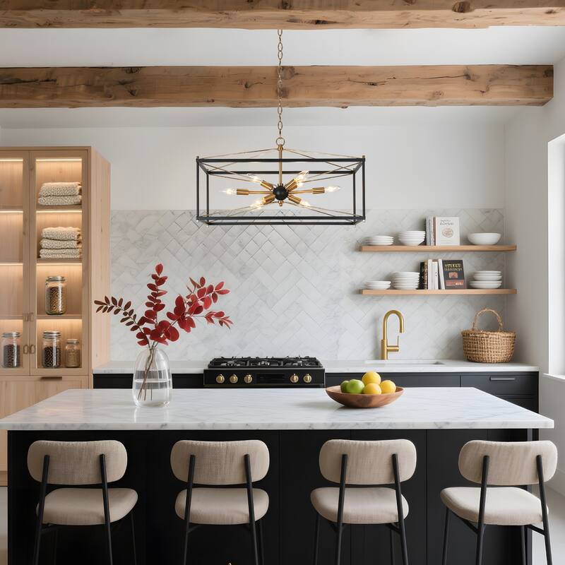 Leno Modern Farmhouse 8-Light Black Gold Rectangle Chandelier Starburst Island Lights for Dining Room - 26" L x 10" W x 14" H