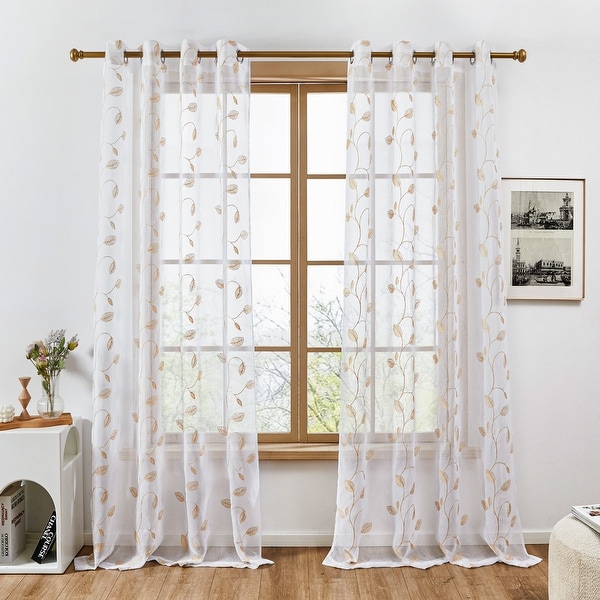 Deconovo Embroidered Leaf Farmhouse Sheer Curtains (2 Panels) - On