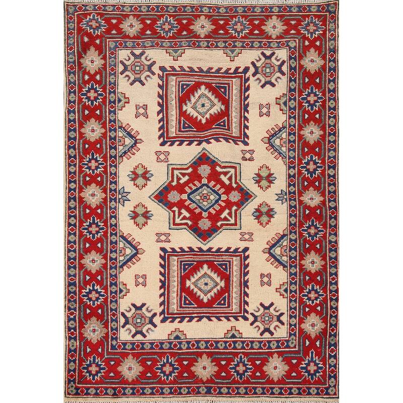 Ivory Kazak Oriental Accent Rug Hand-Knotted Wool Carpet - 3'5"x 4'10"