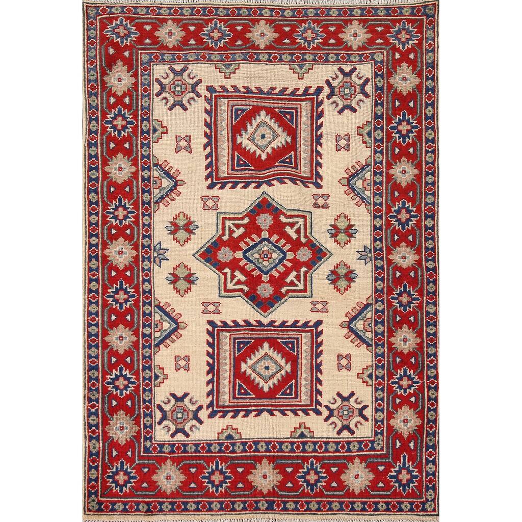 Ivory Kazak Oriental Accent Rug Hand-Knotted Wool Carpet - 3'5"x 4'10"